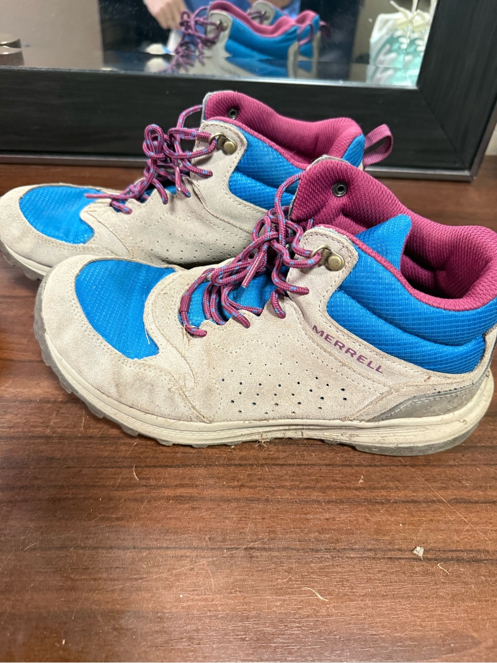 Merrell Kids Beige Suede and Blue Sneakers with Pink Accents